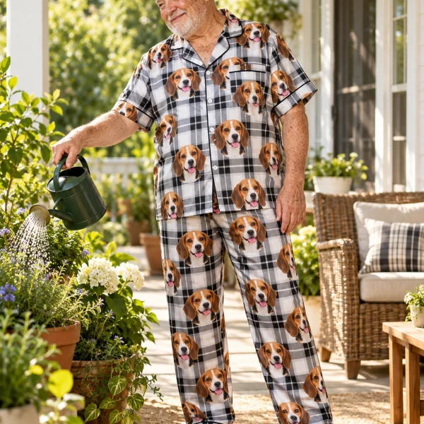 Man posing in beagle dad pajamas, tricolor Beagle (black, tan and white) faces on white plaid satin — MyDogPics