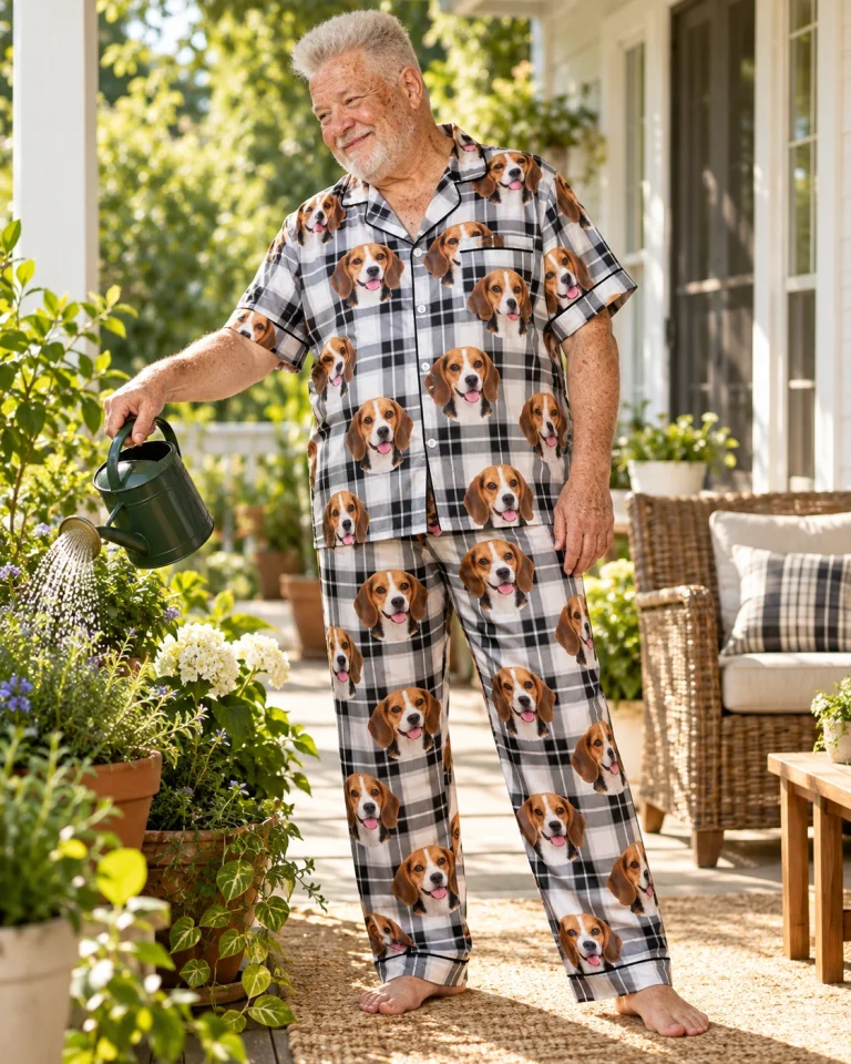 Man posing in beagle dad pajamas, tricolor Beagle (black, tan and white) faces on white plaid satin — MyDogPics