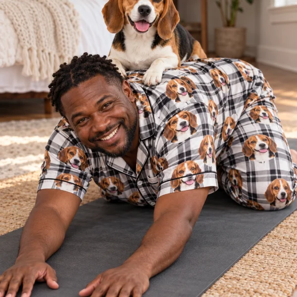 Man in beagle dad pajamas with his Beagle — MyDogPics
