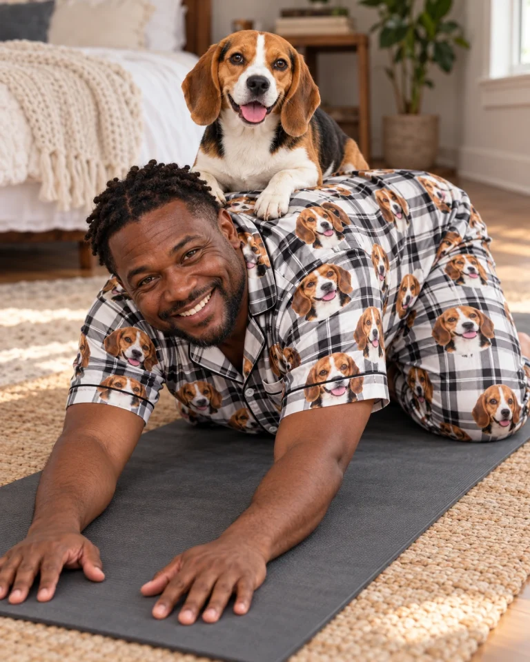Man in beagle dad pajamas with his Beagle — MyDogPics