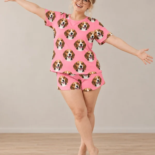 Woman posing in a beagle lounge set, tricolor Beagle (black, tan and white) faces on pink fabric — MyDogPics