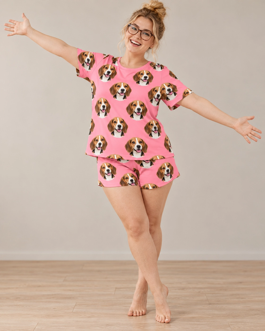 Beagle Lounge Set – Pose, Pink | MyDogPics Woman posing in a beagle lounge set, tricolor Beagle (black, tan and white) faces on pink fabric — MyDogPics