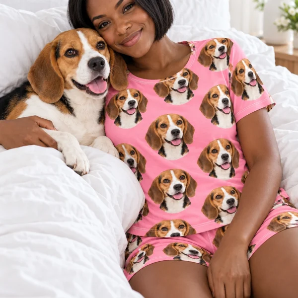 Woman in a beagle lounge set with her Beagle — MyDogPics