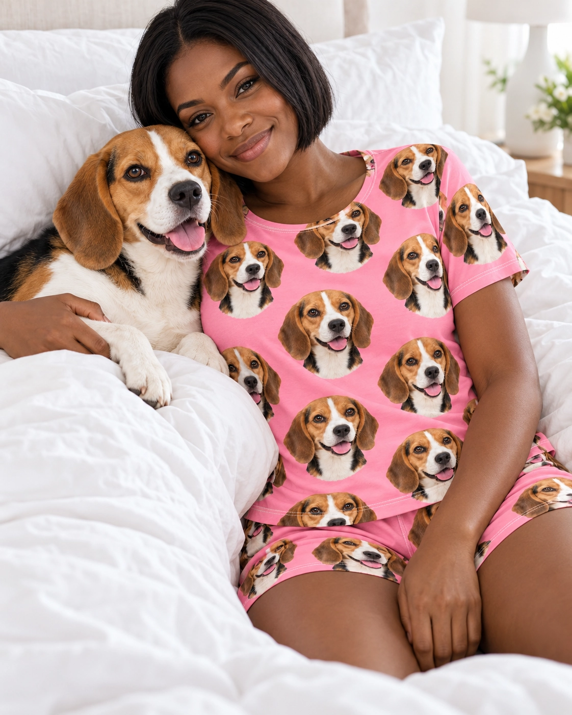 Beagle Lounge Set – With Dog, Pink | MyDogPics Woman in a beagle lounge set with her Beagle — MyDogPics