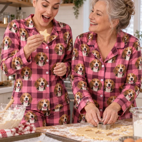 Woman and her mother in matching beagle mom pajamas with tricolor Beagle (black, tan and white) faces — MyDogPics