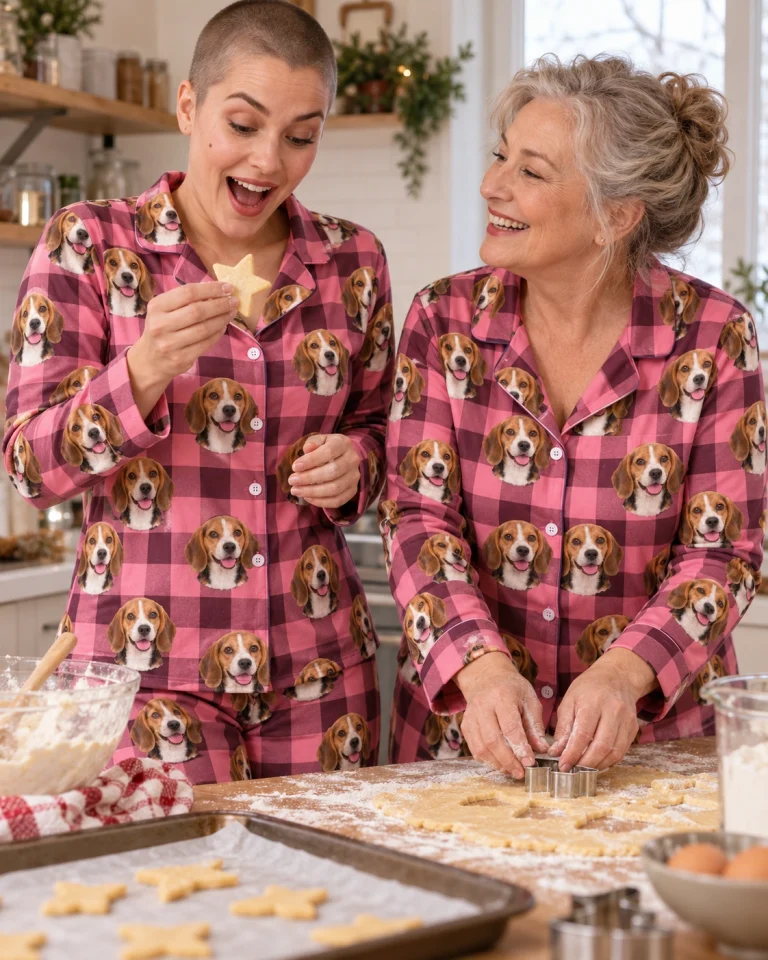Woman and her mother in matching beagle mom pajamas with tricolor Beagle (black, tan and white) faces — MyDogPics