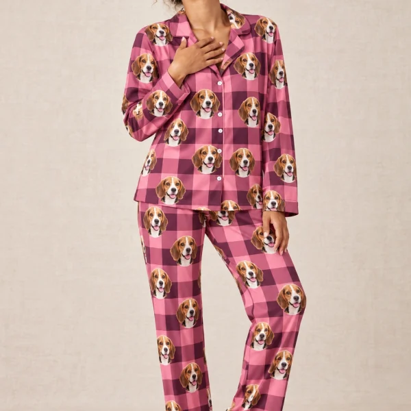 Woman wearing beagle mom pajamas covered in tricolor Beagle (black, tan and white) faces on pink plaid fabric — MyDogPics