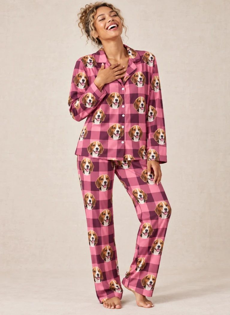 Woman wearing beagle mom pajamas covered in tricolor Beagle (black, tan and white) faces on pink plaid fabric — MyDogPics