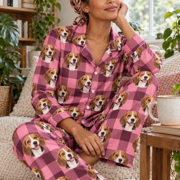 Woman sitting in beagle mom pajamas covered in tricolor Beagle (black, tan and white) faces — MyDogPics