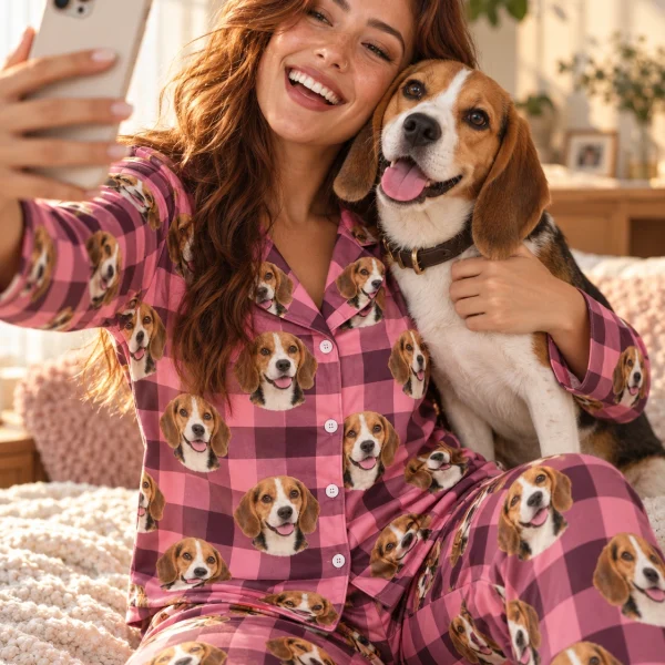 Woman in beagle mom pajamas with her Beagle — MyDogPics