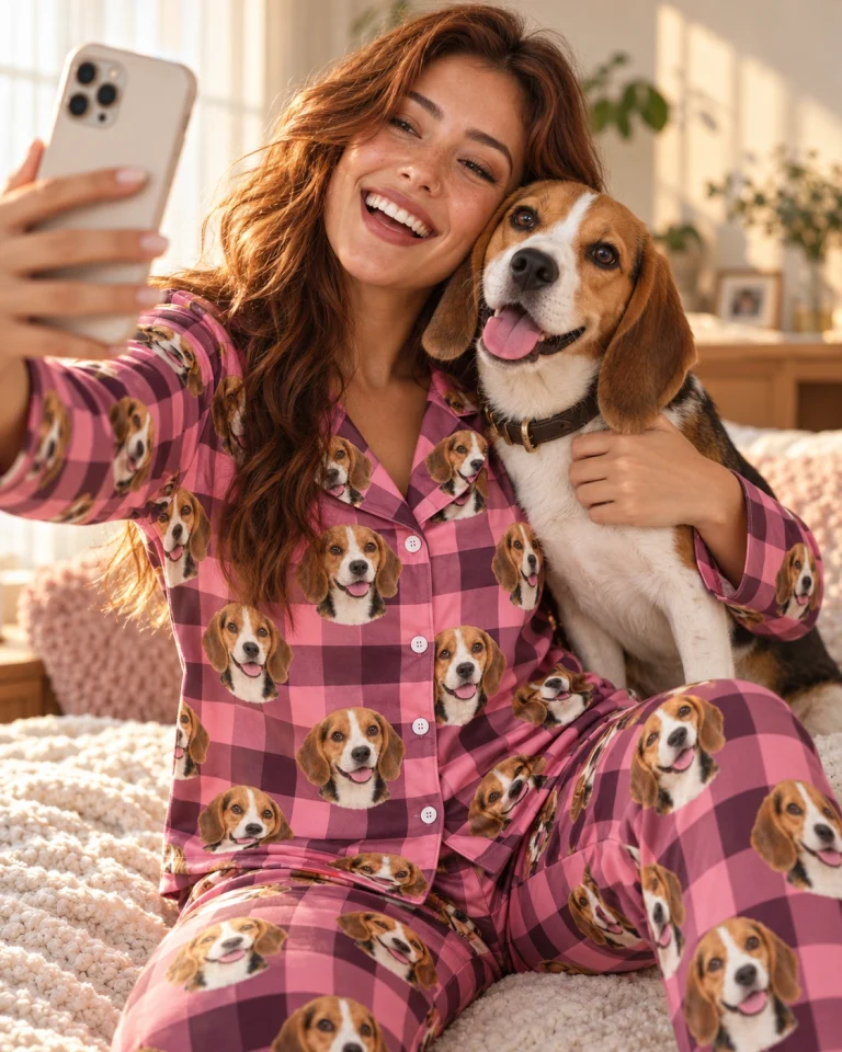 Woman in beagle mom pajamas with her Beagle — MyDogPics