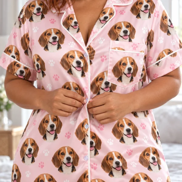 Close-up of the beagle nightgown print with tricolor Beagle (black, tan and white) faces — MyDogPics