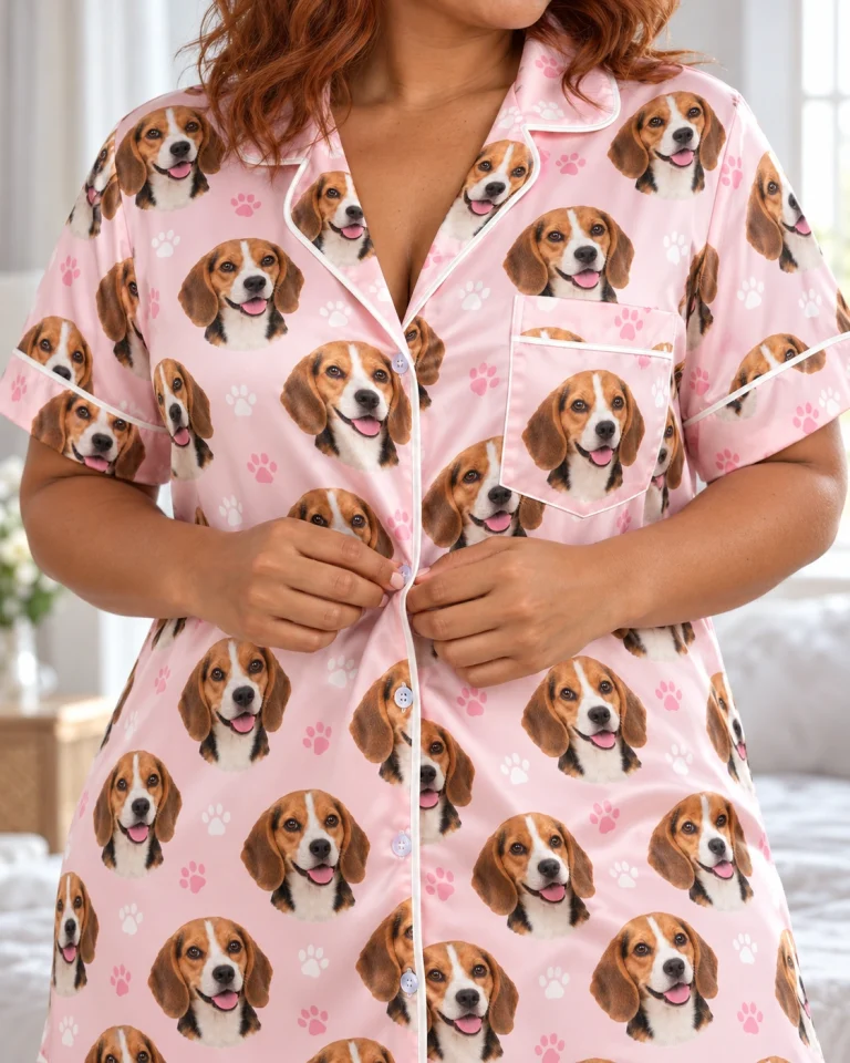 Close-up of the beagle nightgown print with tricolor Beagle (black, tan and white) faces — MyDogPics