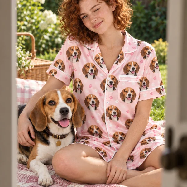 Woman in a beagle nightgown with her Beagle — MyDogPics
