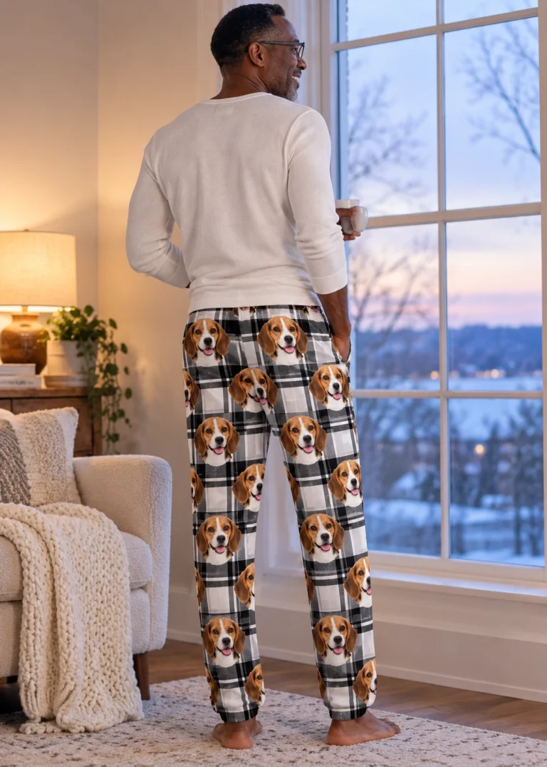 Back view of beagle pajama pants: the print continues all the way round — MyDogPics