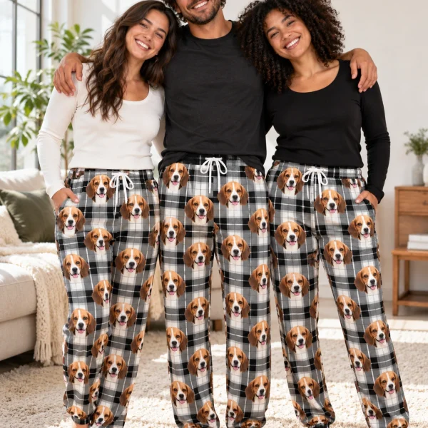 Man and his friends in matching beagle pajama pants with tricolor Beagle (black, tan and white) faces — MyDogPics
