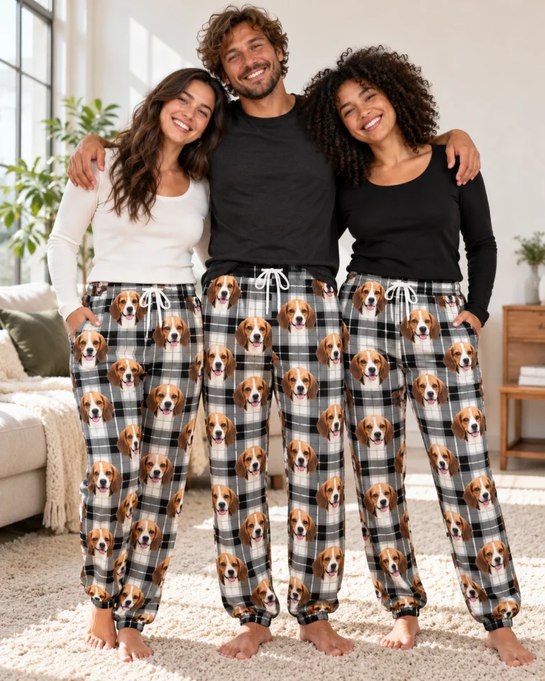 Man and his friends in matching beagle pajama pants with tricolor Beagle (black, tan and white) faces — MyDogPics