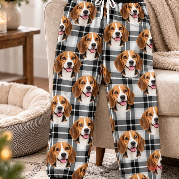Flat lay of beagle pajama pants: pants covered in tricolor Beagle (black, tan and white) faces — MyDogPics
