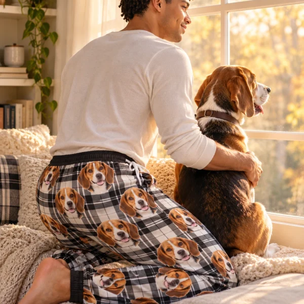 Man in beagle pajama pants with his Beagle — MyDogPics