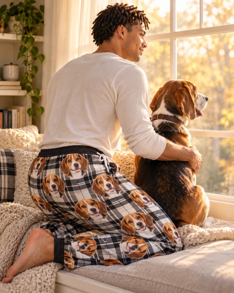 Man in beagle pajama pants with his Beagle — MyDogPics
