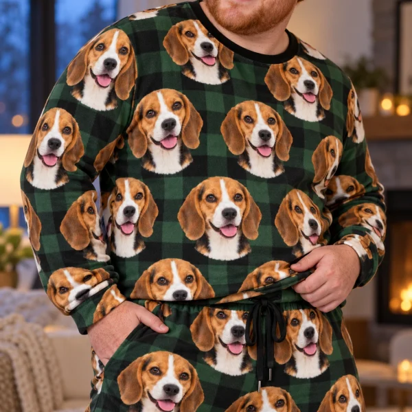 Close-up of the beagle pajama set print: tricolor Beagle (black, tan and white) faces on green plaid fabric — MyDogPics