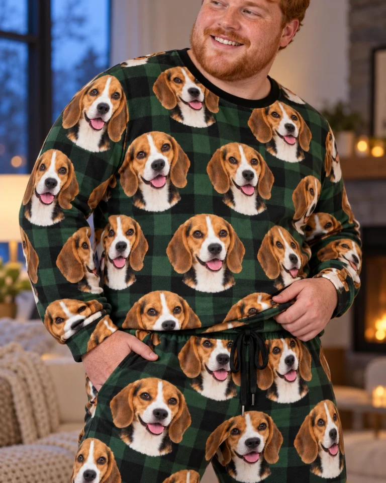 Close-up of the beagle pajama set print: tricolor Beagle (black, tan and white) faces on green plaid fabric — MyDogPics