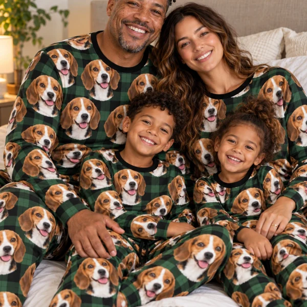 Man and his family in matching beagle pajama set with tricolor Beagle (black, tan and white) faces — MyDogPics