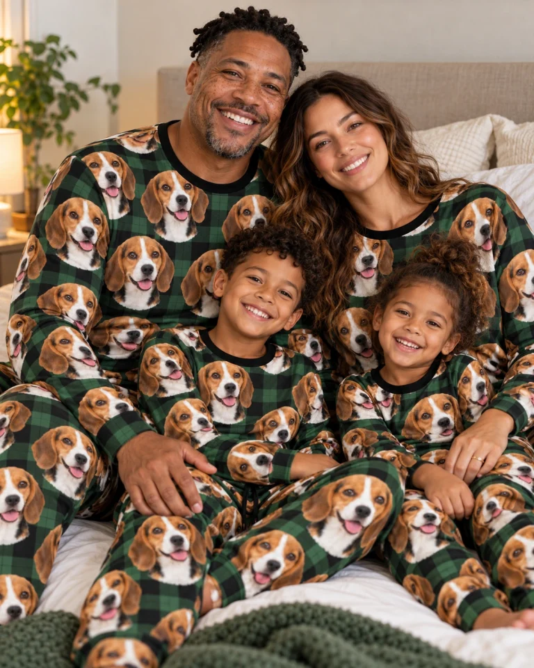 Man and his family in matching beagle pajama set with tricolor Beagle (black, tan and white) faces — MyDogPics