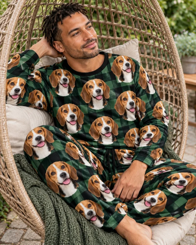 Man sitting in a beagle pajama set covered in tricolor Beagle (black, tan and white) faces — MyDogPics