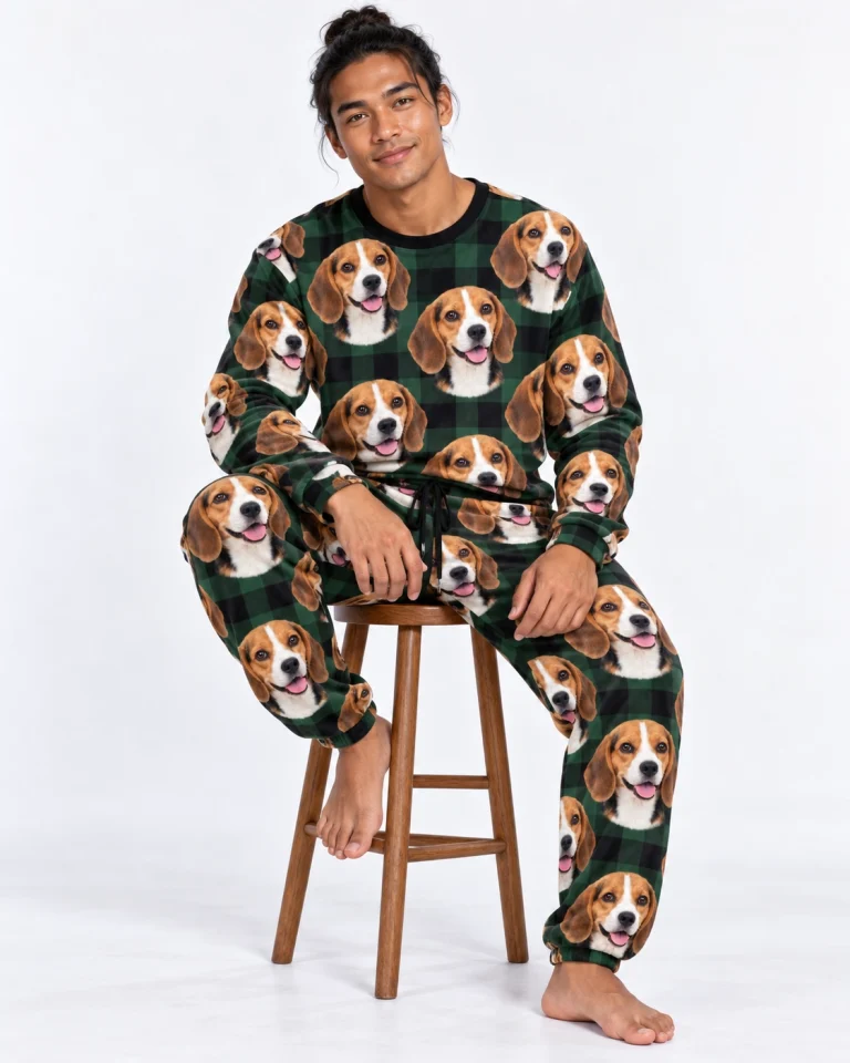 Man sitting in a beagle pajama set covered in tricolor Beagle (black, tan and white) faces — MyDogPics