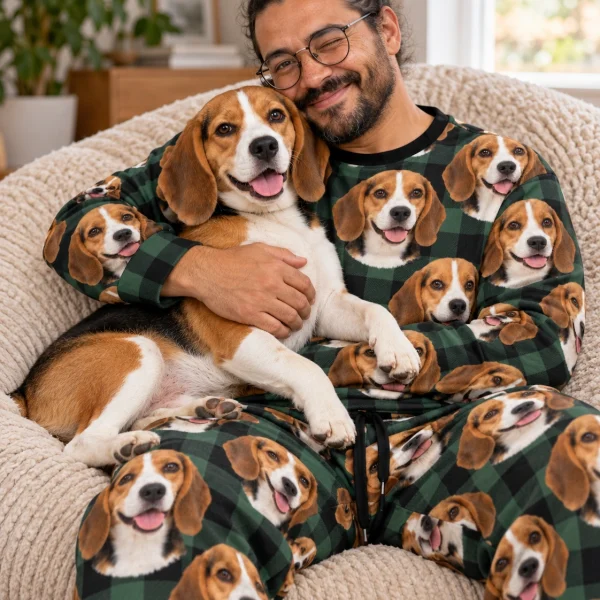 Man in a beagle pajama set with his Beagle — MyDogPics