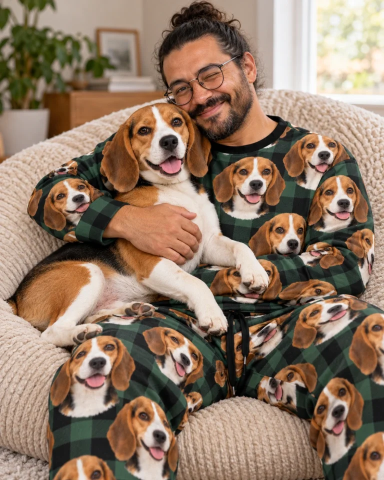 Man in a beagle pajama set with his Beagle — MyDogPics