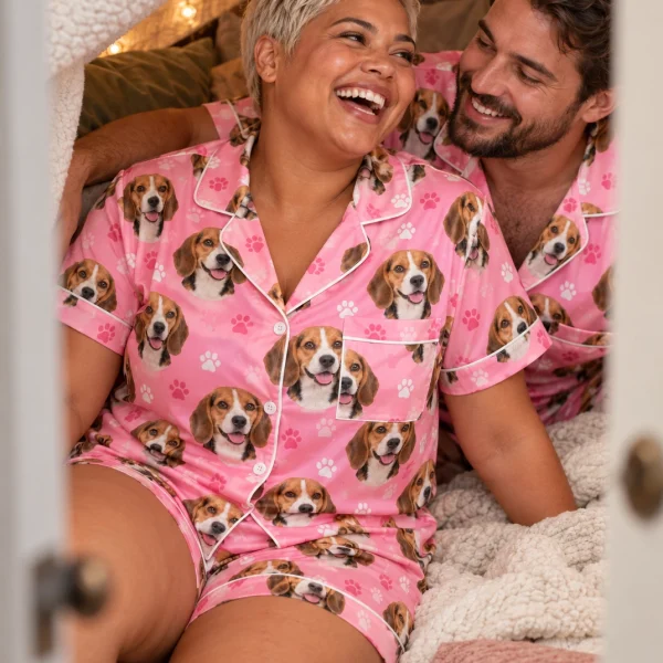 Woman and her partner in matching beagle pajama short set with tricolor Beagle (black, tan and white) faces — MyDogPics