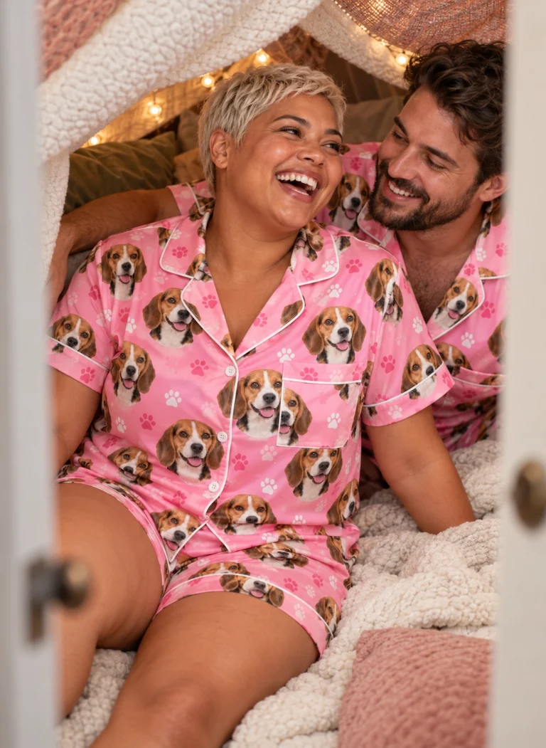 Woman and her partner in matching beagle pajama short set with tricolor Beagle (black, tan and white) faces — MyDogPics