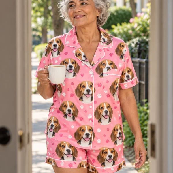 Woman posing in a beagle pajama short set, tricolor Beagle (black, tan and white) faces on pink paw-print satin — MyDogPics