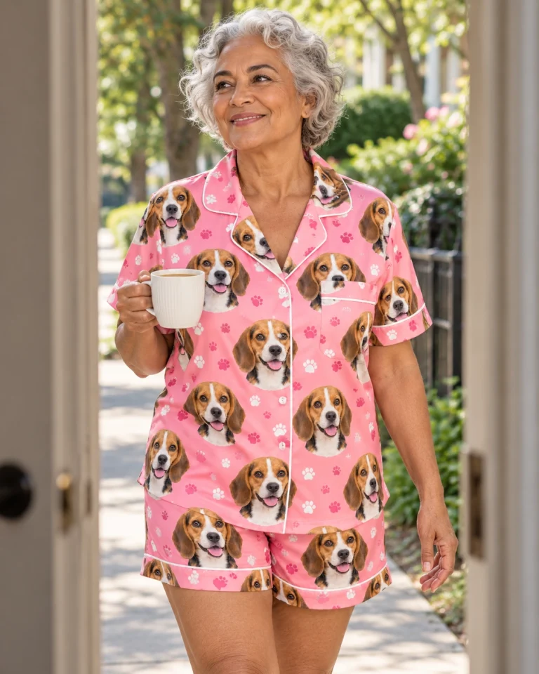 Woman posing in a beagle pajama short set, tricolor Beagle (black, tan and white) faces on pink paw-print satin — MyDogPics
