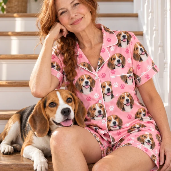 Woman in a beagle pajama short set with her Beagle — MyDogPics