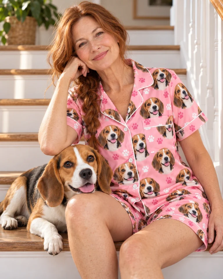 Woman in a beagle pajama short set with her Beagle — MyDogPics