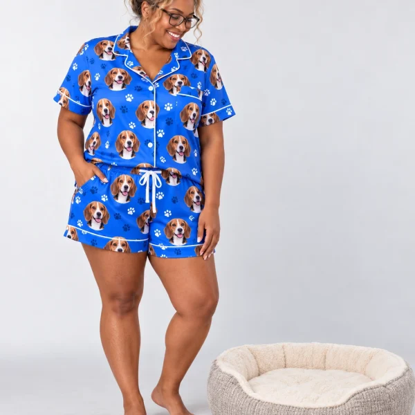 Woman wearing beagle pajama shorts covered in tricolor Beagle (black, tan and white) faces — MyDogPics