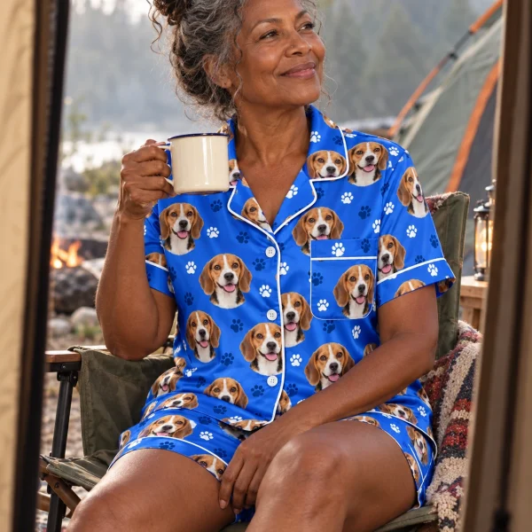 Woman sitting in beagle pajama shorts covered in tricolor Beagle (black, tan and white) faces — MyDogPics