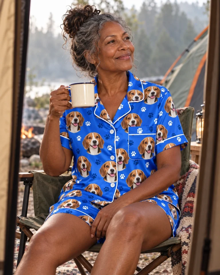 Woman sitting in beagle pajama shorts covered in tricolor Beagle (black, tan and white) faces — MyDogPics