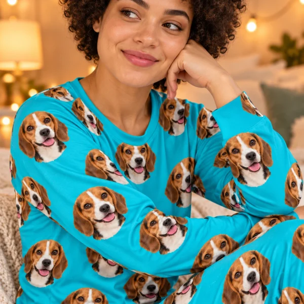 Close-up of the beagle pajamas for adults print: tricolor Beagle (black, tan and white) faces on teal fabric — MyDogPics