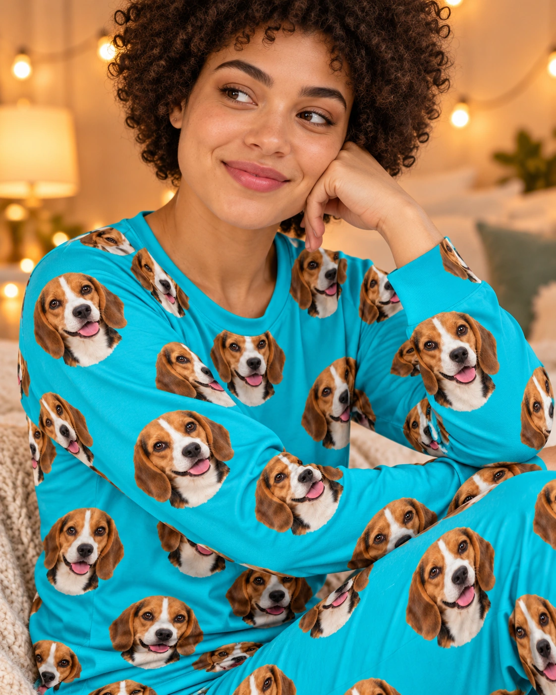 Beagle Pajamas for Adults – Print Close-Up, Teal | MyDogPics Close-up of the beagle pajamas for adults print: tricolor Beagle (black, tan and white) faces on teal fabric — MyDogPics