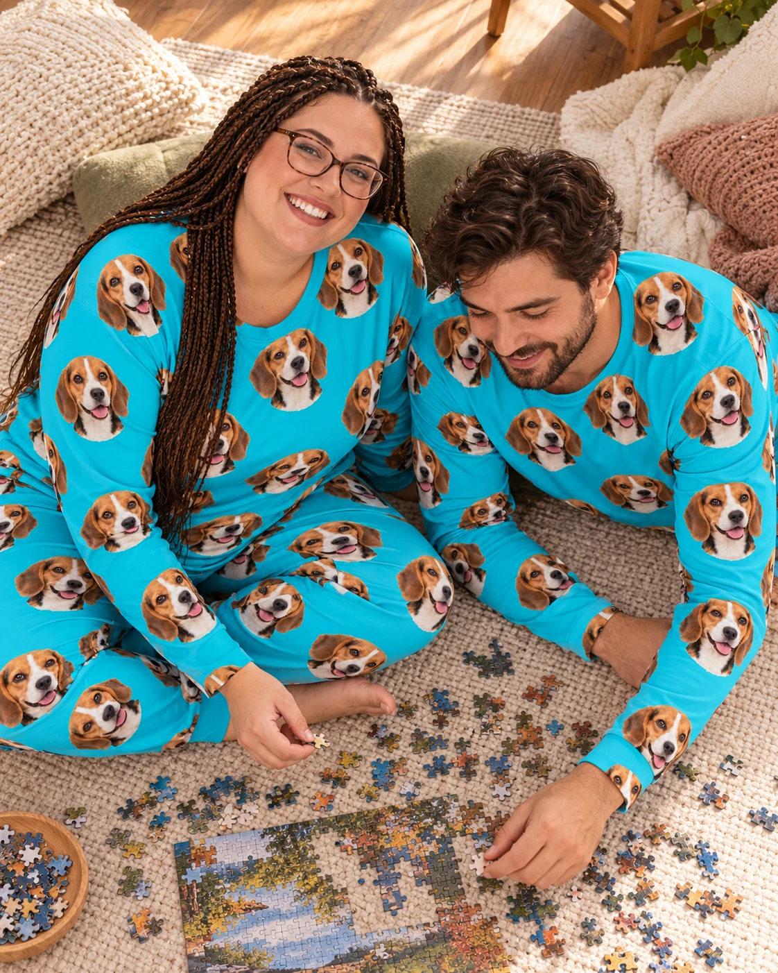 Beagle Pajamas for Adults – Family, Teal | MyDogPics Woman and her partner in matching beagle pajamas for adults with tricolor Beagle (black, tan and white) faces — MyDogPics
