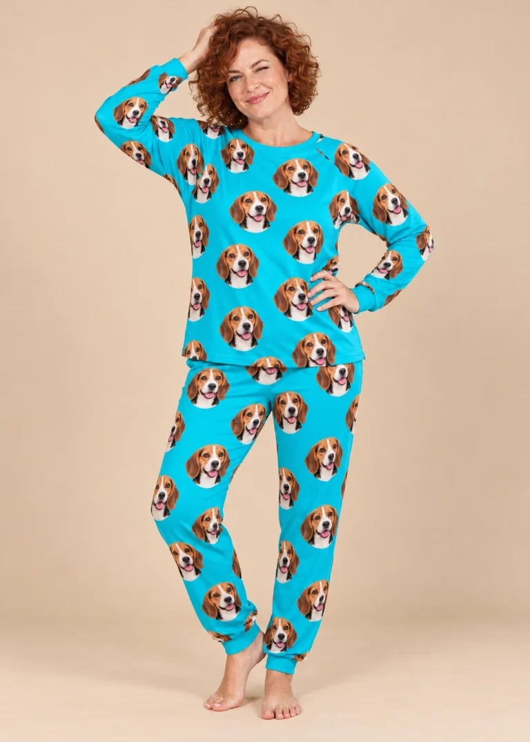 Woman wearing a beagle pajamas for adults covered in tricolor Beagle (black, tan and white) faces on teal fabric — MyDogPics