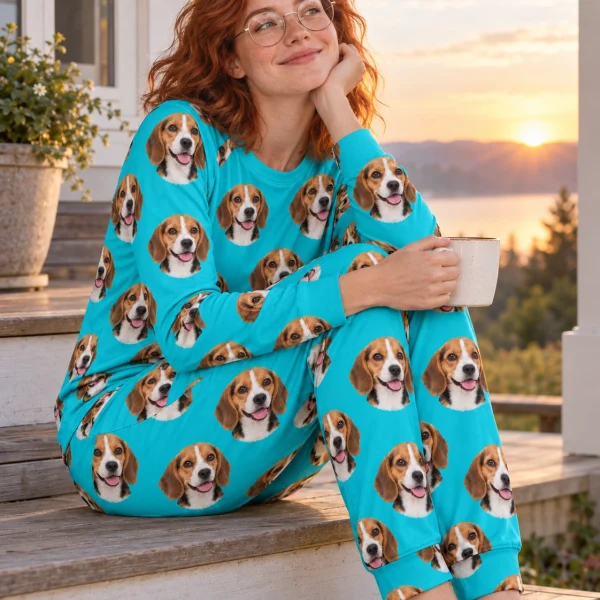 Woman sitting in a beagle pajamas for adults covered in tricolor Beagle (black, tan and white) faces — MyDogPics