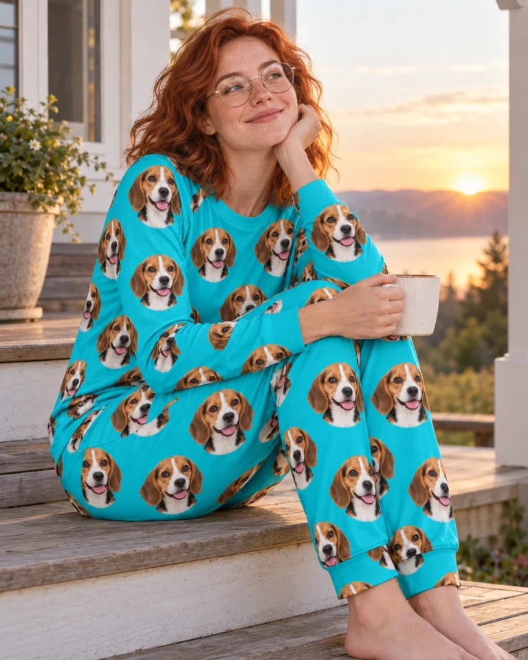 Woman sitting in a beagle pajamas for adults covered in tricolor Beagle (black, tan and white) faces — MyDogPics