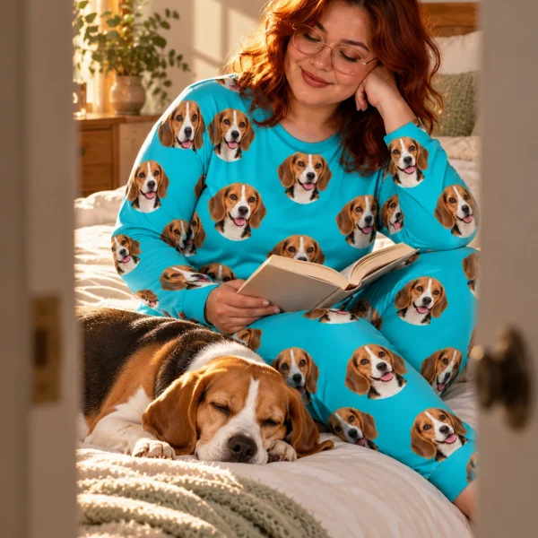 Woman in a beagle pajamas for adults with her Beagle — MyDogPics