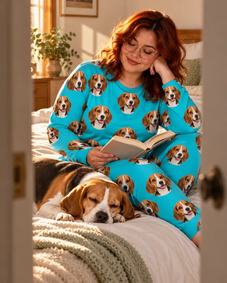 Woman in a beagle pajamas for adults with her Beagle — MyDogPics