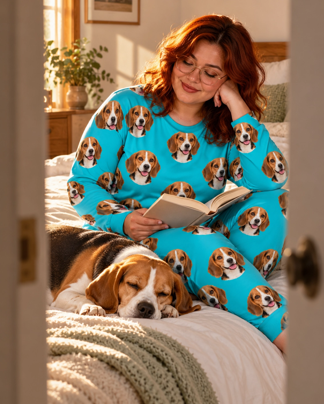 Beagle Pajamas for Adults – With Dog, Teal | MyDogPics Woman in a beagle pajamas for adults with her Beagle — MyDogPics